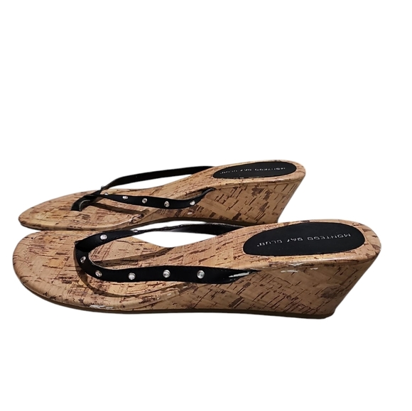 Montego Bay Club Black Wedge Sandals Women’s 8.5 Cork Heel Flip Flop Slides - Picture 2 of 7